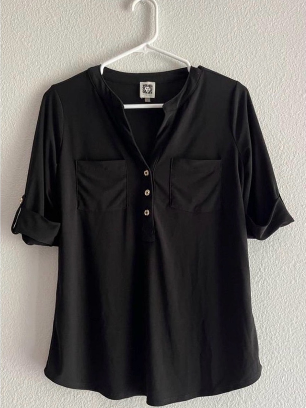 Anne Klein Black Roll-Tab Henley Blouse with Chest Pockets XL